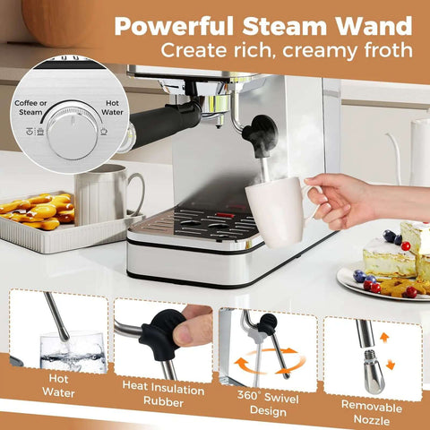 20 Bar Espresso Machine With Milk Frother Compact Stainless Steel Coffee Maker 57 Ounce Removable Water Tank Hot Water Function