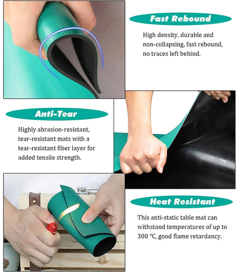 Various features of ESD Antistatic Rubber Mat Roll For Electronics Long Desk Soldering Pad With Lengths From 3 To 13 Feet Heat Resistant Oil.