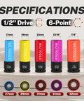 Color coded 5 Piece Impact Lug Nut Socket Set For 1/2 Inch Drive No Mar Thin Wall Alloy Sockets In 17mm 19mm 21mm 13/16 Inch 7/8 Inch