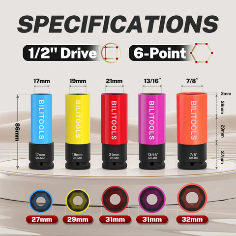 Color coded 5 Piece Impact Lug Nut Socket Set For 1/2 Inch Drive No Mar Thin Wall Alloy Sockets In 17mm 19mm 21mm 13/16 Inch 7/8 Inch