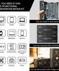 All In One Magnetic Screwdriver Set With 160 Magnetic Bits shown in hand, stackable case and various compatible devices