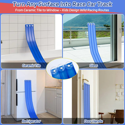 Blue Three Lane Flexible Race Track Toy Set With Roll Up Design 16.4 Feet DIY Car Track Featuring Strong Suction Cups on surfaces.