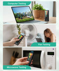 Handheld EMF Meter For Ghost Hunting And Home Use With 5 Level LED Alerts Detects EMF From Home Appliances WiFi Routers Power Lines And Industrial Machines 30Hz To 20kHz Range 0 To 20 mG Plus Or Minus 5 Percent Accuracy Compact Pocket Size in computer, fan and microwave testing scenes
