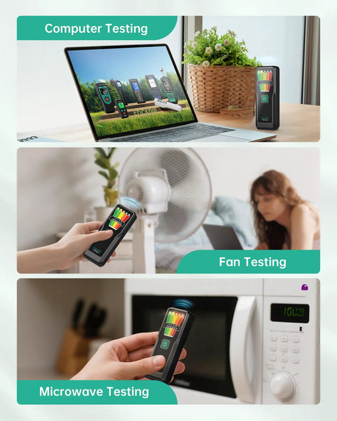Handheld EMF Meter For Ghost Hunting And Home Use With 5 Level LED Alerts Detects EMF From Home Appliances WiFi Routers Power Lines And Industrial Machines 30Hz To 20kHz Range 0 To 20 mG Plus Or Minus 5 Percent Accuracy Compact Pocket Size in computer, fan and microwave testing scenes