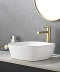 Modern Square 16 By 16 White Porcelain Vessel Sink With Gold Trim For Lavatory Vanity Cabinet