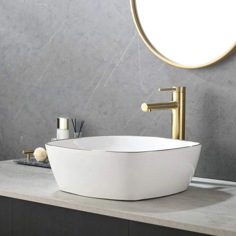 Modern Square 16 By 16 White Porcelain Vessel Sink With Gold Trim For Lavatory Vanity Cabinet