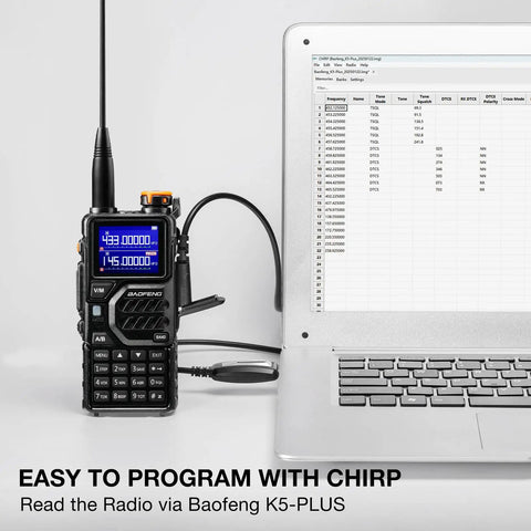 Tri-Band Ham Radio Long Range Handheld 10W Two Way Radio With UHF VHF 1.25M connected to a laptop for programming.