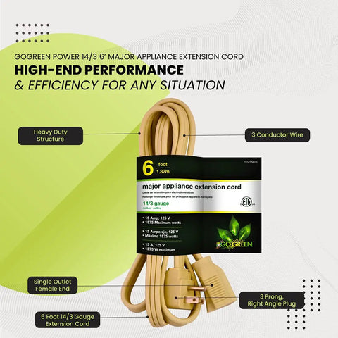 Beige Beefy Heavy Duty 6 Ft Appliance Cord 14 Gauge 3 Conductor With Grounded 3 Prong Right Angle Plug For Large Appliances