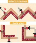 Pro Grade Corner Clamp Set For Woodworking 90 Degree Right Angle Clamps Aluminum Alloy With Extended Five And A Half Inch By Five And A Half Inch Clamping Range Four Pack For DIY Picture Frames Boxes Cabinets And Drawers showing installation and use.
