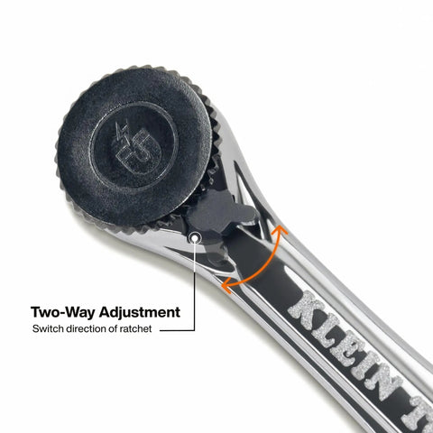 Close-up of Slim Magnetic Mini Ratchet Set With 90-Tooth Gear For Tight Spaces, showing two-way adjustment switch by Klein Tools.