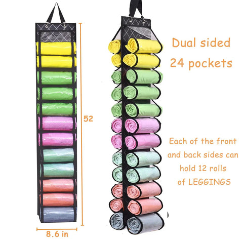 24 Compartments Legging And Shirt Storage Hanger Foldable Closet Organizer showing colorful fabric rolls in transparent pockets