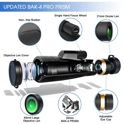 Lightweight 12x60 Monocular for Outdoor Hiking and Travel, Delivers Clear Long Distance Viewing in a Compact Pack, exploded view with BAK-4 prism and 50mm lens
