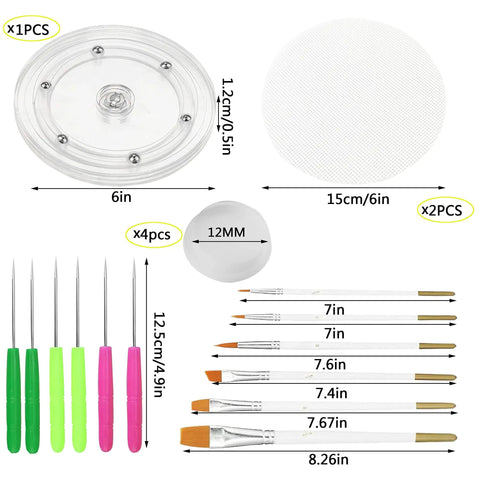 Ultimate Cookie Decorating Setup With 6 Inch Acrylic Turntable, six precision etching picks, and two flexible plates displayed.