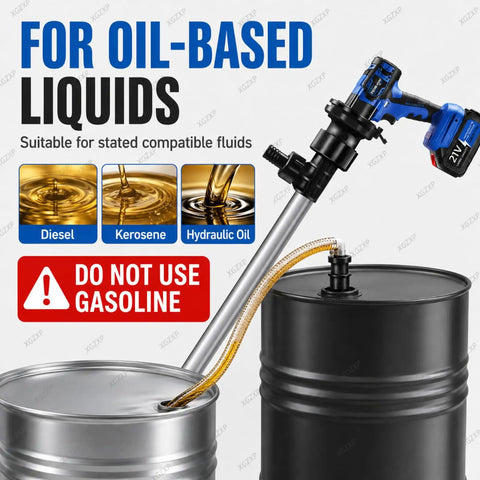 Cordless Electric Oil Drum Pump With 92Cm Stainless Steel Tube For Diesel And Kerosene Transfer. Includes 4M Hose, Two Batteries, And Delivers Up To 60 L/Min Flow Rate For Easy Fuel Moving Jobs Around The Garage
