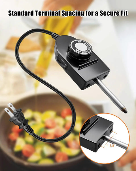 Heat Control Thermostat Probe For Electric Cookware Replacement Cord with detailed plug-in view over skillet background