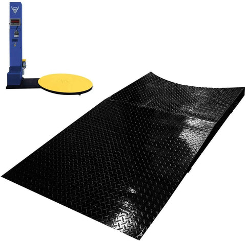 Ready To Run Automatic Stretch Wrap Machine With Loading Ramp Includes Built In Scale Weighs 5000 Pounds Prints Thermal Labels Instantly with black loading ramp