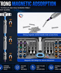 Magnetic 40 In 1 Screwdriver Set With Ratchet And T Handle showing magnetic adsorption and secure bit placement.