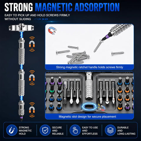 Magnetic 40 In 1 Screwdriver Set With Ratchet And T Handle showing magnetic adsorption and secure bit placement.