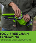 Ultra Compact 24V Cordless Mini Chainsaw Featuring 6 Inch Cut Bar demonstrated with tool-free chain tensioning for easy adjustments.