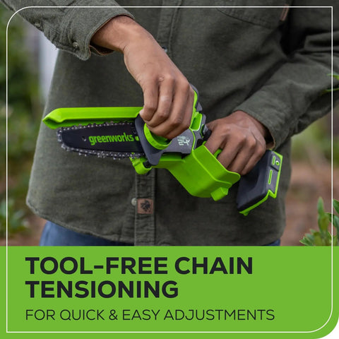Ultra Compact 24V Cordless Mini Chainsaw Featuring 6 Inch Cut Bar demonstrated with tool-free chain tensioning for easy adjustments.