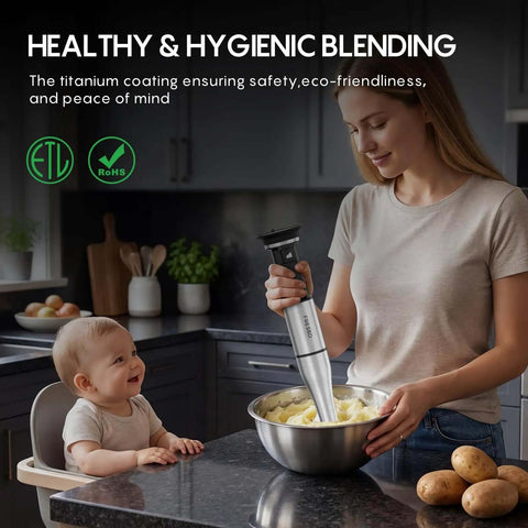 Top Tier Four In One Immersion Hand Blender With Variable Speed Trigger for blending creamy soups in a kitchen with a child.