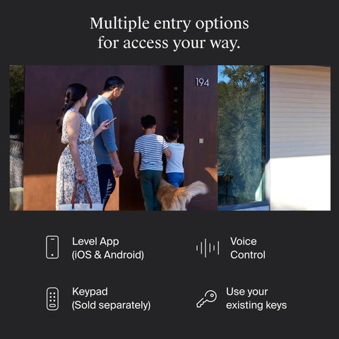 Turn Your Deadbolt Into A Smart Lock Without Replacing Keys Or Hardware With Matter Over Thread And Apple Home Key For No Key Hassle Keyless Entry And Remote Access Through Apple Alexa Google Home And SmartThings shown with family using door.