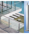 Stainless Steel 304 Railing Post Kit For Outdoor Decks And Stairs Featuring Adjustable Mounts And A Brushed Silver Finish fit for 10 to 12 mm glass panels, shown on a modern deck.