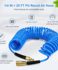Hella Flexible Polyurethane Recoil Air Hose With Built In Bend Restrictor And Snappy Brass Quick Connect Couplers 1/4 IN x 25 FT