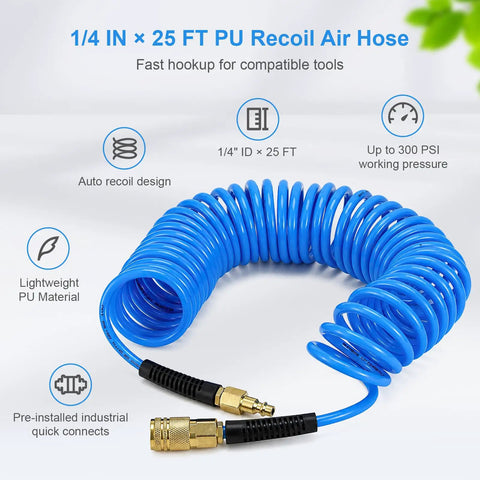Hella Flexible Polyurethane Recoil Air Hose With Built In Bend Restrictor And Snappy Brass Quick Connect Couplers 1/4 IN x 25 FT