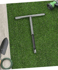 304 Stainless Steel Soil Sampler Tool With T Handle on grass, shovel and hose nearby