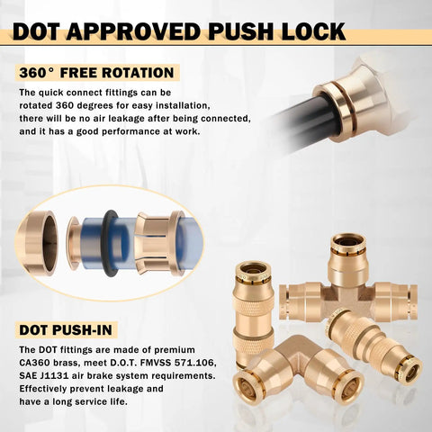 All In One Three Eighths Brass DOT Air Fittings Kit With One Hundred Foot Black Air Line Hose Quick Connects for Semi Trucks
