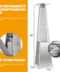 42,000 BTU Pyramid Propane Patio Heater With Dancing Flame, Hammered Stainless Steel Freestanding Deck Heater, Quartz Glass Tube, Electronic Ignition, Outdoor Heating To Keep You Toasty On Cold Nights.