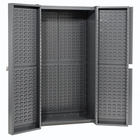 Built Tough Heavy Duty Storage Cabinet With 132 Red Plastic Parts Organizer Bins, Lockable Front Doors, open view showing interior shelves.