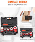 Ratcheting Pipe Threader Kit With Six Dies One Quarter Inch NPT To One And A Quarter Inch NPT Portable Pipe Threading Tool Set With Storage Case For Plumbing Installation And Repair, shown in open case with handle view.