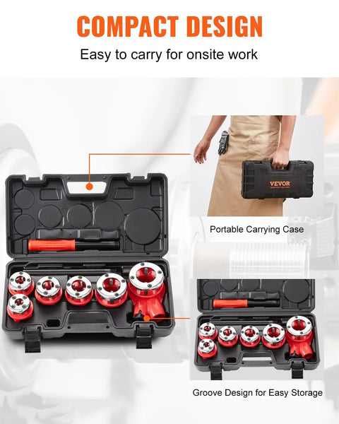 Ratcheting Pipe Threader Kit With Six Dies One Quarter Inch NPT To One And A Quarter Inch NPT Portable Pipe Threading Tool Set With Storage Case For Plumbing Installation And Repair, shown in open case with handle view.