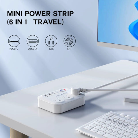 2-Pack 6-In-1 USB Power Strip With 3 Outlets And 3 USB Ports, Type-C Fast Charge 5V/3.4A And USB-A 5V/2.4A on desktop