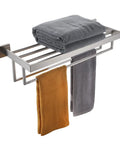 24 Inch Double Towel Rack And Shelves In Brushed Nickel Stainless Steel Wall Mount With Rustproof SUS304 Two Bars Bath Organizer Easy Install Fingerprint Proof Finish Built Tough For Real featuring folded towels on top shelf and hanging towels on bars