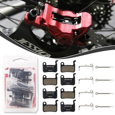 Disc brake pads kit with 4 resin pads for mountain and road, featuring Grippy Long Lasting Bike Disc Brake Pads Kit With Resin Semi Metal And Sintered Options For Mountain Road And E Bike Rides Compatible With Zoom And Shimano Deore XT XTR SLX Saint Alfine.