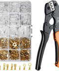 Workhorse Ratcheting Wire Crimping Tool With AWG 22 To 14 Carbide Jaws And Solid Grip For Spade Connectors Pro Electrical Terminal Kit and terminals.