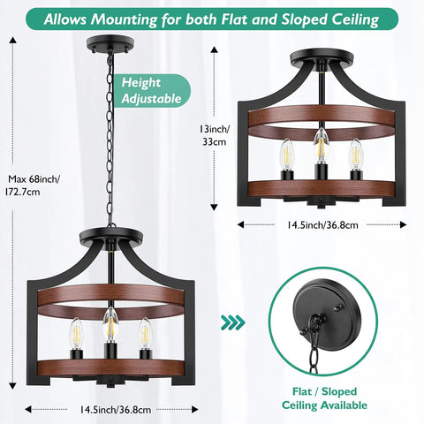 3 Light Farmhouse Chandelier With Adjustable Height Pendant Or Convertible Semi Flush Mount, 14.5 Inch Rustic Ceiling Light Fixture detail
