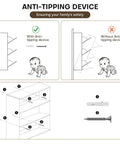 Illustration showing white wall-mounted hidden shoe organizer cabinet with 3 flip drawers and anti-tipping device for safety.