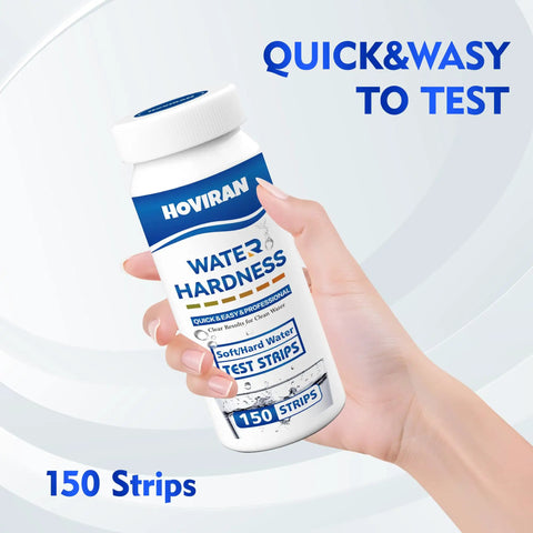 Hand holding Water Hardness Test Strips Kit 150 Strips For Home, Aquarium, Pool, And Spa, with blue label and white cap