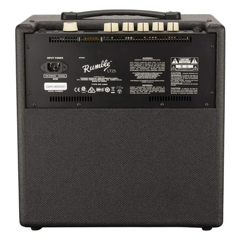 Back view of Rumble LT25 Bass Amplifier With 8 Inch Speaker, Black Finish, Ported Wooden Cabinet, Ambidextrous Controls, Color Display