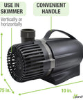 Heavy Duty 3600 GPH Pond Waterfall Pump with 170W Low Energy Power ETL Listed Premium Ceramic Shaft side view