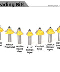 70 Piece Router Bit Set With 1/2 Inch Shank Tungsten Carbide Bits For Pro Grade Woodworking And Remodeling Projects, showing different beading bits.