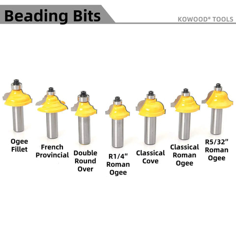 70 Piece Router Bit Set With 1/2 Inch Shank Tungsten Carbide Bits For Pro Grade Woodworking And Remodeling Projects, showing different beading bits.