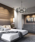 Rustic 24 Inch 5 Light Farmhouse Chandelier With Adjustable Hanging Height In Gray Oak Wood Look And Sandblasted Black Finish above bed
