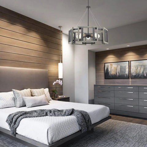 Rustic 24 Inch 5 Light Farmhouse Chandelier With Adjustable Hanging Height In Gray Oak Wood Look And Sandblasted Black Finish above bed