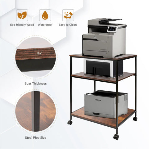 Top Shelf Premium Steel Frame 3 Tier Printer Stand Beefy Rolling Cart with printer and adjustable shelves in home office setup.