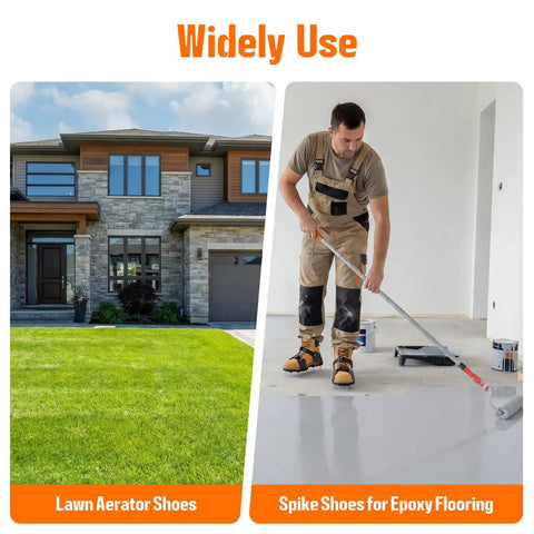 Two images showing pre assembled lawn aerator shoes with heavy duty spikes for easy yard aeration no hassle ready to use straight out of the box fits men size 6 to 14 for all grass types used on lawn and epoxy floors